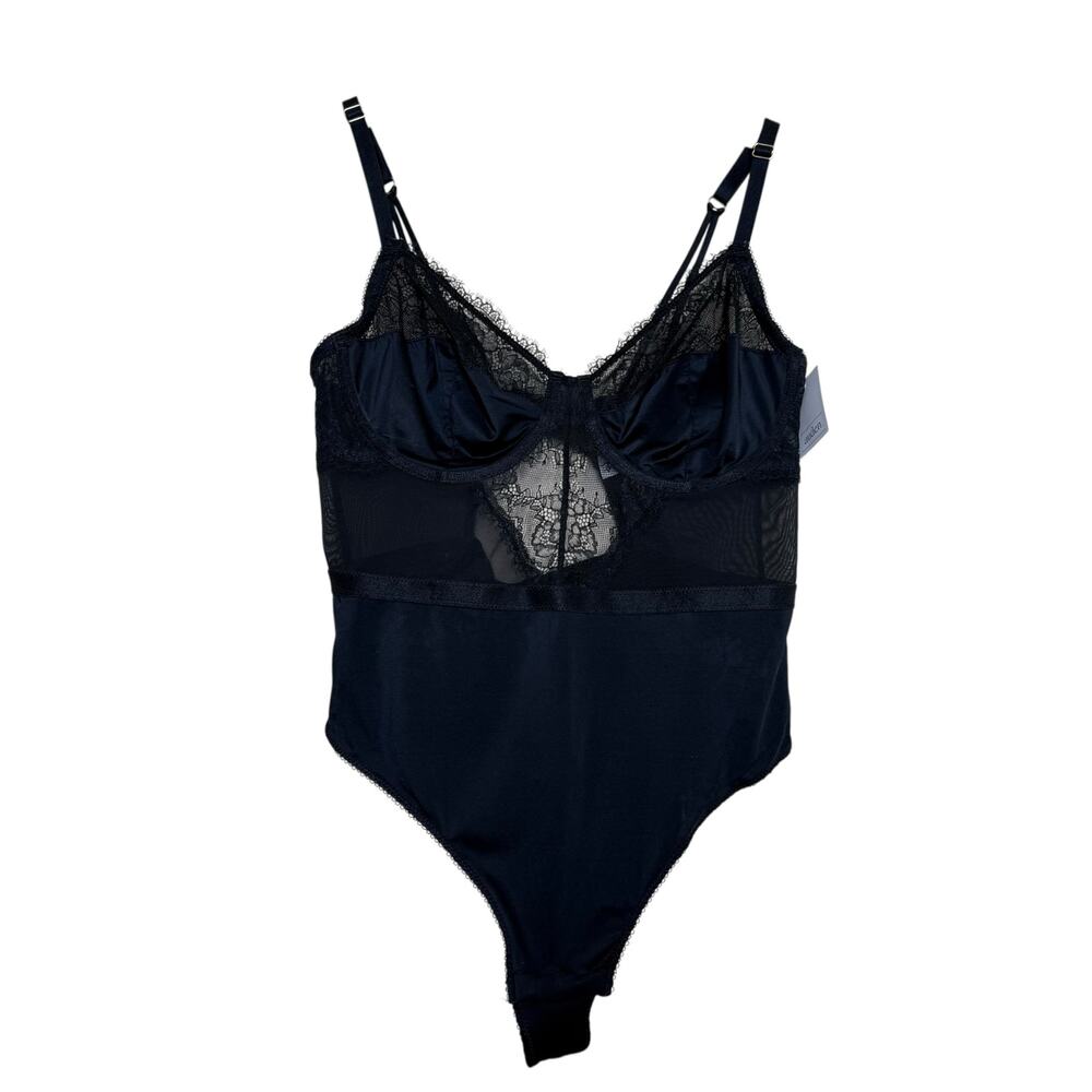 Auden One Piece Thong Lingerie Bodysuit Black Large Lace Underwire Semi Sheer